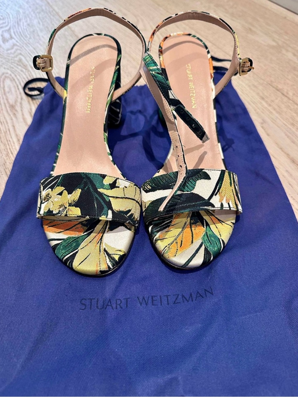 Stuart Weitzman Floral Open-Toe Ankle-Strap Sandals in Yellow, Green, Black